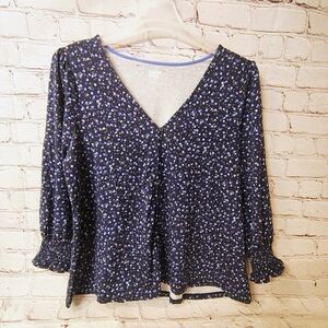 Lands End Jersey Knit Button Down Ditsy Floral Blue V Neck Boho Top Large Petite